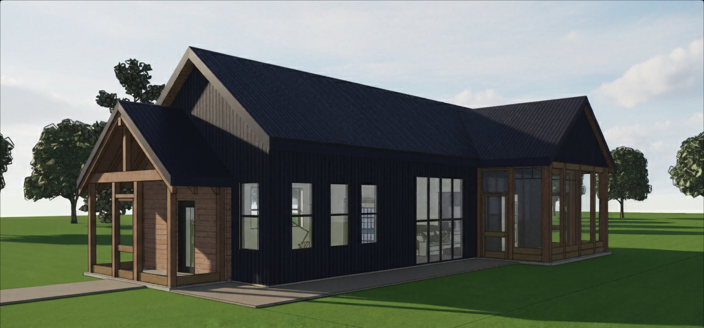 Modern barn-style home with covered porch and screened outdoor living space
