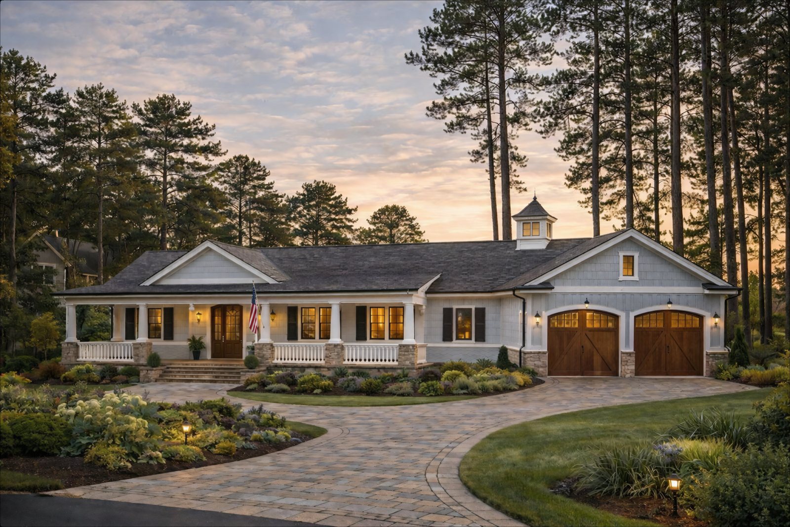 Luxury custom home exterior at dusk